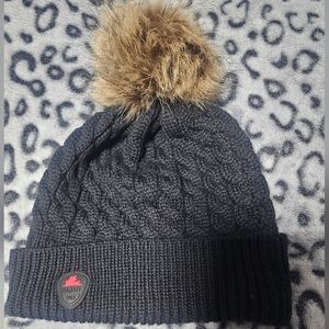 Pajar Black Knit Beanie with Brown Faux Fur Pom